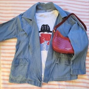 Caslon Chambray Blue Denim Open Front Utility Drape Collar Jacket